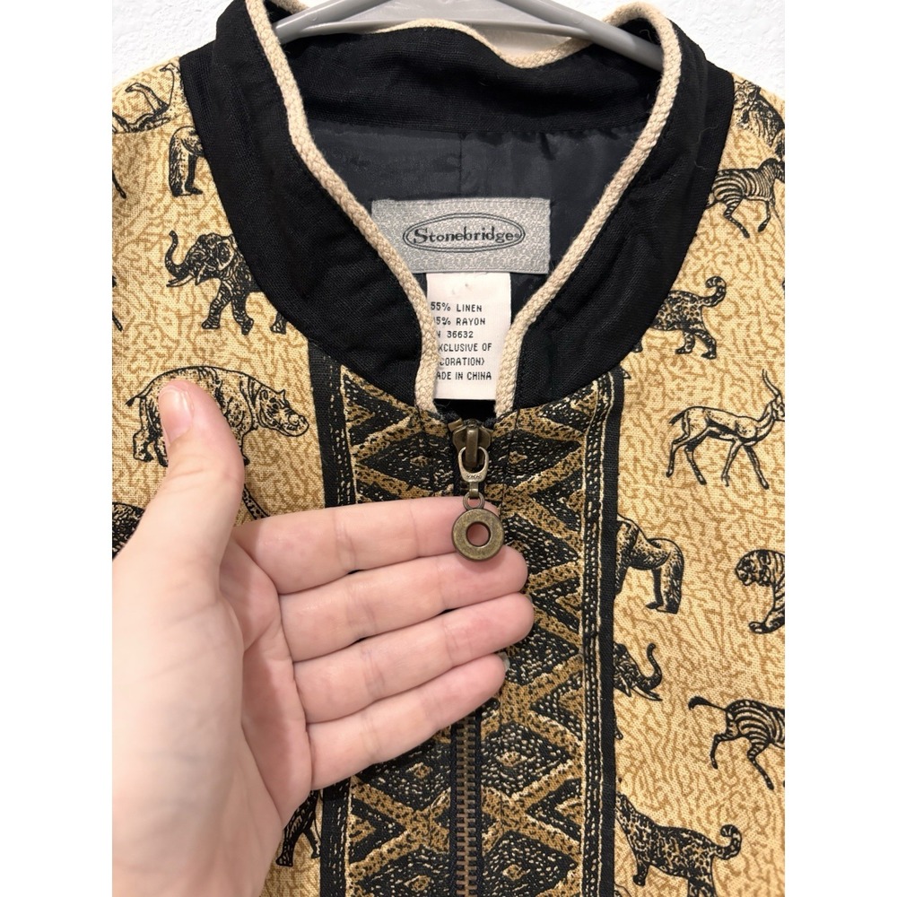 Stonebridge Women's Vest L Safari Animal Print Beaded Trim Full Zip Linen Blend - Picture 5 of 12